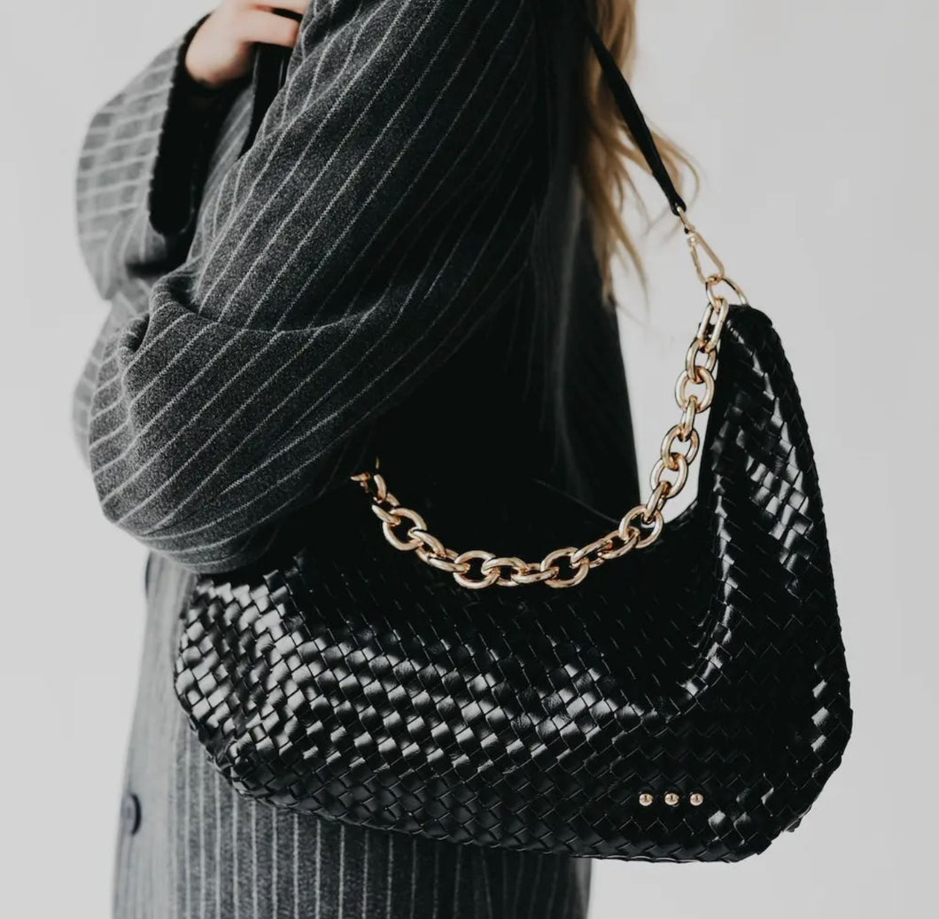 Pretty Simple- Sienna Black Slouchy woven shoulder bag with gold hardware