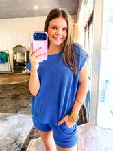 Load image into Gallery viewer, Two piece raised ribbed bright blue  shorts set
