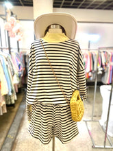 Load image into Gallery viewer, Plus size two piece set- White/ black pastel yellow mock neck striped with pink details

