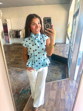 Load image into Gallery viewer, Polka dot bow tie baby blue/brown button down top #0811
