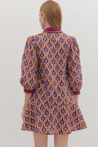 Maya- Wine Geometric print long puff sleeve mini dress