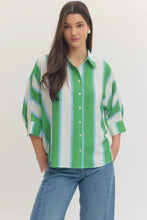 Load image into Gallery viewer, Kelly Green/ baby blue Striped button down boxy top
