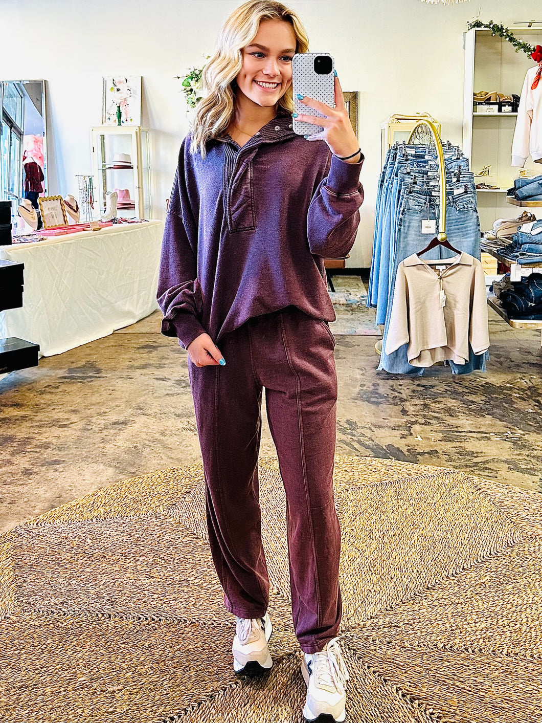 Two piece mineral washed chocolate brown barrel sweatpants and collar sweatshirt  set
