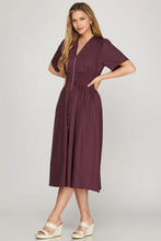 Load image into Gallery viewer, Zanine- Plum SHORT SLEEVE SMOCKED WAIST FRONT ZIP MIDI DRESS
