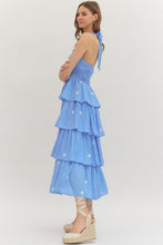 Load image into Gallery viewer, ENTRO- Blue Polka dot halter tiered maxi dress
