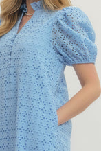 Load image into Gallery viewer, ENTRO- Blue Eyelet short puff sleeve midi dress
