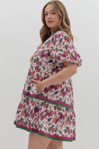 Plus Paris- Plum Floral print contrast multicolor band dress