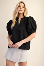 Load image into Gallery viewer, Black Puff Sleeve Ruffle V-Neck Textured Top
