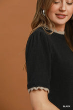 Load image into Gallery viewer, UMGEE black Scalloped pink trimmed Puff Sleeve Knit Sweater Top
