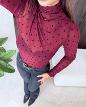 Load image into Gallery viewer, Mesh polka dot wine long sleeve top

