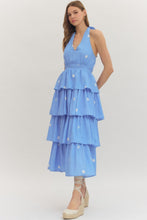 Load image into Gallery viewer, ENTRO- Blue Polka dot halter tiered maxi dress
