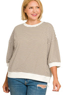Mocha  quarter sleeve STRIPED CONTRAST TRIM RIB BANDED TOP