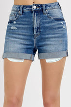 Load image into Gallery viewer, RISEN JEANS- Dark wash rolled up jean shorts
