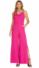 Load image into Gallery viewer, ADELINE- Cowl neck hot pink wide leg jumpsuit with side slit details
