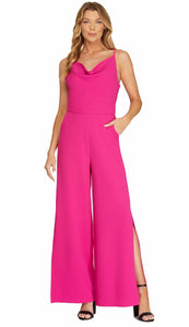 ADELINE- Cowl neck hot pink wide leg jumpsuit with side slit details