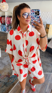 Plus Polka Dot Button-down Ecru/Red Blouse Matching Shorts Set