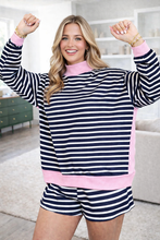 Load image into Gallery viewer, Plus size two piece set- Navy mock neck striped with pink details
