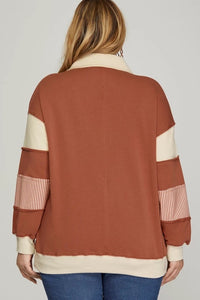 PLUS TYRA - Cinnamon COLOR BLOCK SLEEVE V NECK FRENCH TERRY SWEATSHIRT