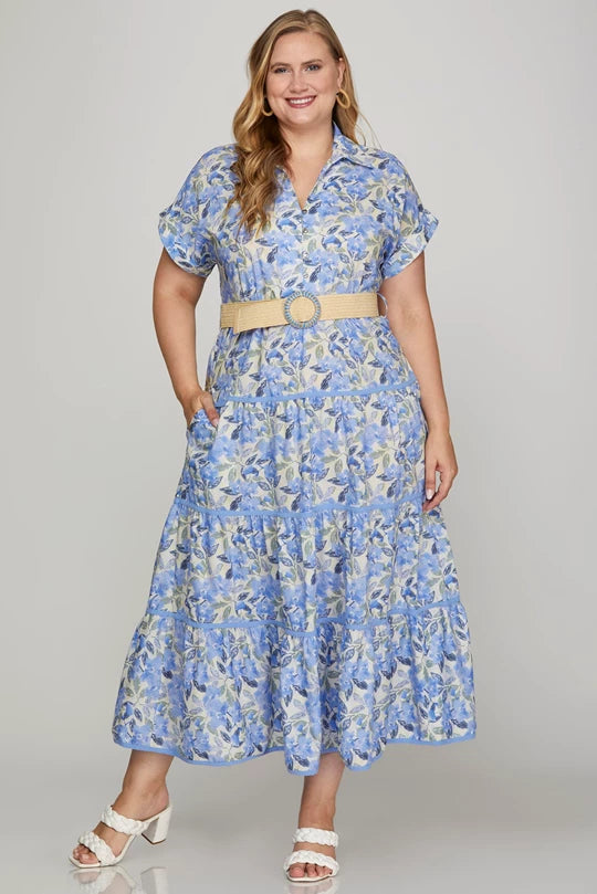 PLUS DESI- Floral print midi dress featuring a rafia belt