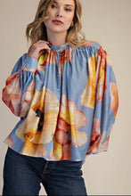 Load image into Gallery viewer, Natali- Blue floral print voluminous button up blouse V28 LLL
