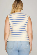 Load image into Gallery viewer, Curvy sizes- NITSA- Blue striped sleeveless vest gold buttons
