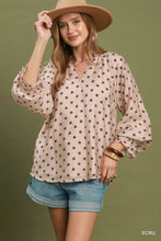 Load image into Gallery viewer, UMGEE Ecru Polka Dot Split Neck Blouse with Ruffle Cuffs
