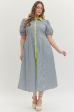 Load image into Gallery viewer, Navy Stripe print short puff sleeve midi dress

