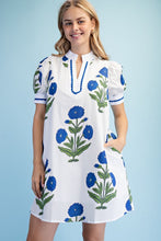 Load image into Gallery viewer, Blue Floral print notch neck dress
