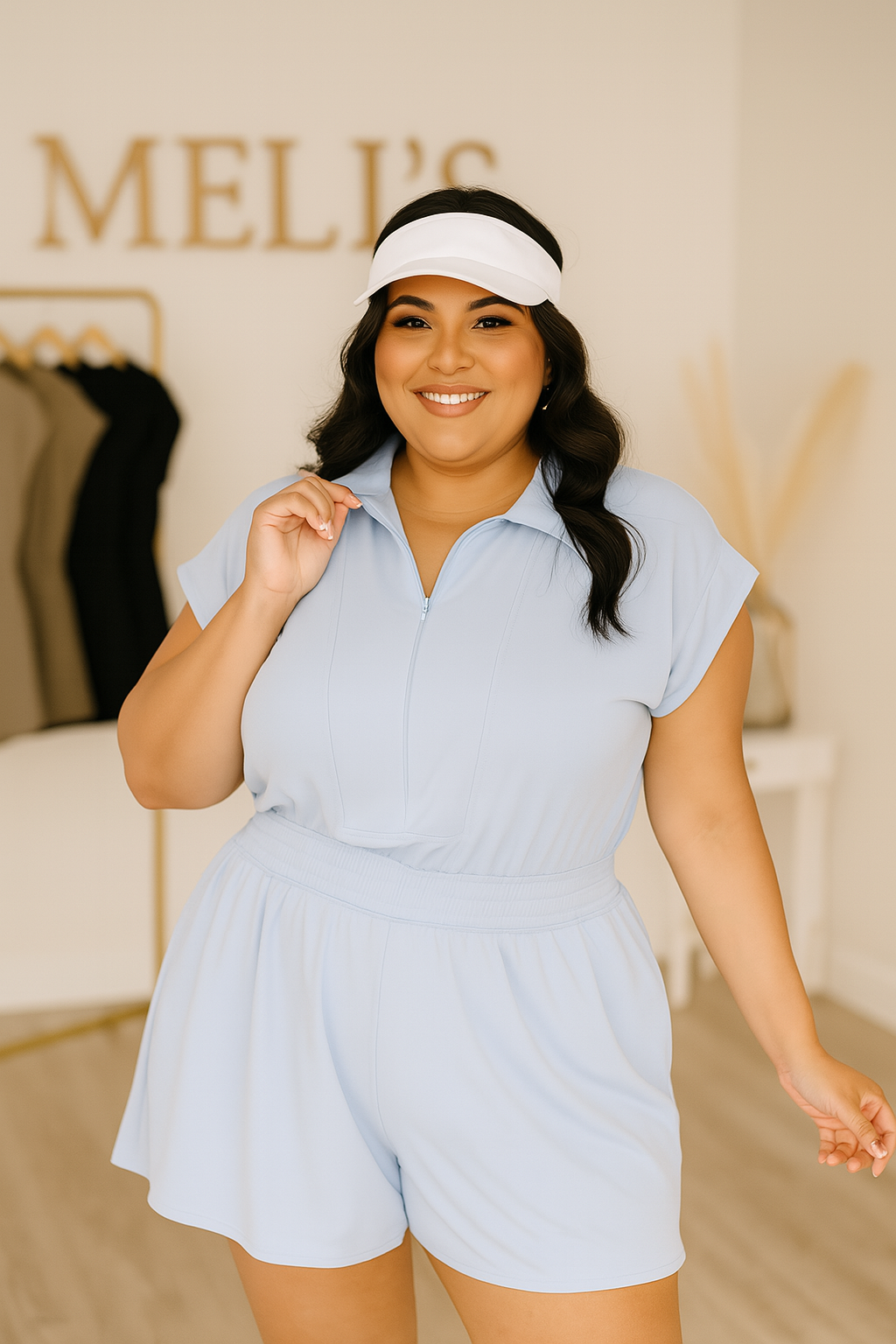 PLUS RAYNE- Powder Blue Buttery soft zip top collared romper