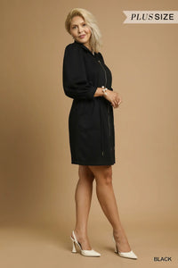 Plus TONYA- Black Luxeknit Zip-Up Mini Dress with Drawstring Waist