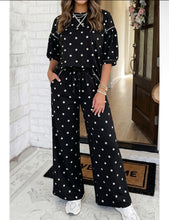 Load image into Gallery viewer, Black polka dot crewneck two piece wide leg pants set
