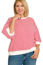 Load image into Gallery viewer, Ruby Red quarter sleeve STRIPED CONTRAST TRIM RIB BANDED TOP

