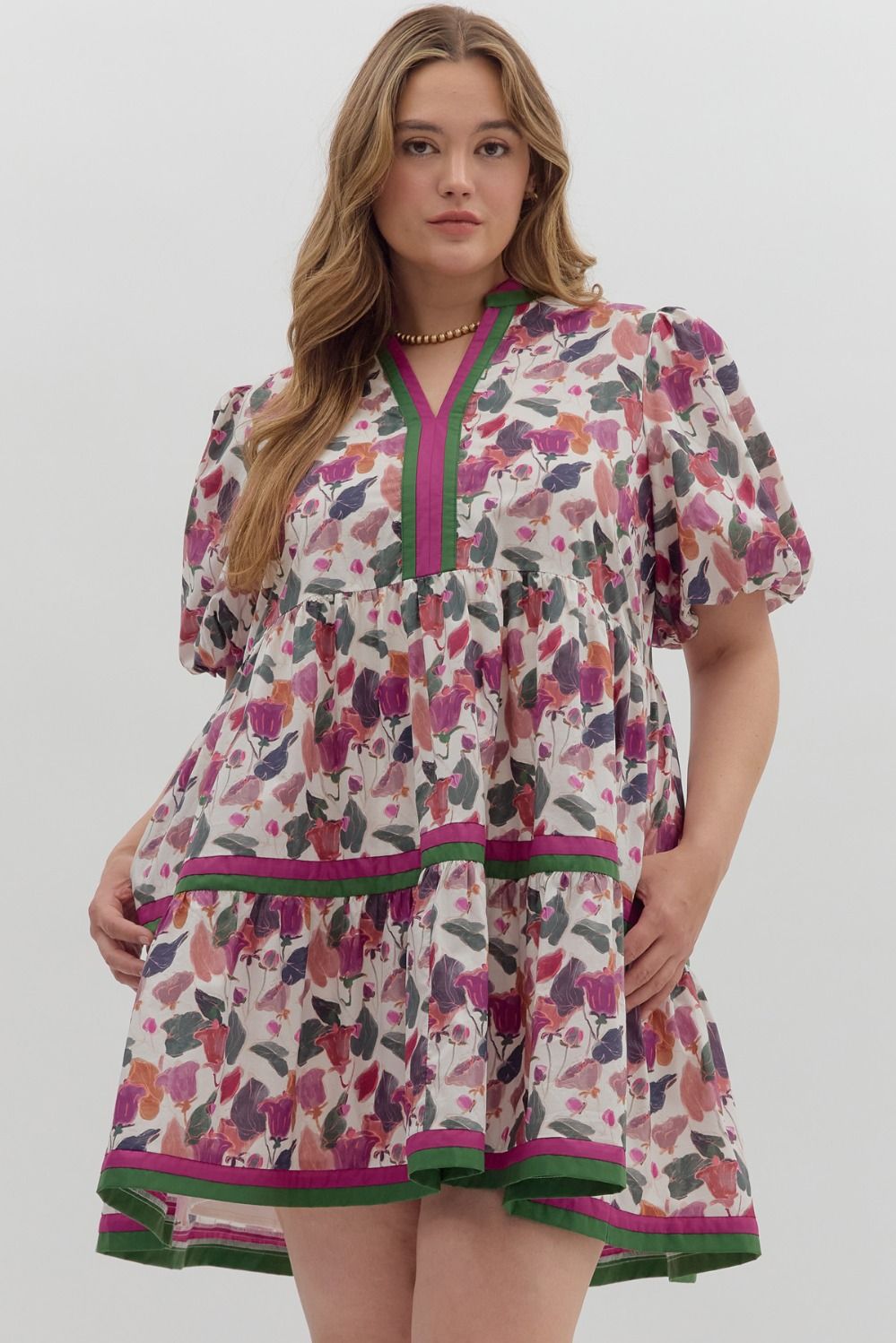 Plus Paris- Plum Floral print contrast multicolor band dress