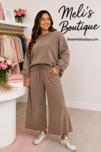 Load image into Gallery viewer, Plus Washed mocha fleece two piece cropped wide leg sweatsuit
