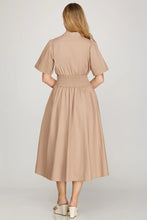 Load image into Gallery viewer, Zanine- Taupe SHORT SLEEVE SMOCKED WAIST FRONT ZIP MIDI DRESS
