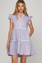 Load image into Gallery viewer, LILY- Lilac RUFFLE SLEEVE TIERED WOVEN DRESS WITH CONTRAST PIPING AND POCKETS
