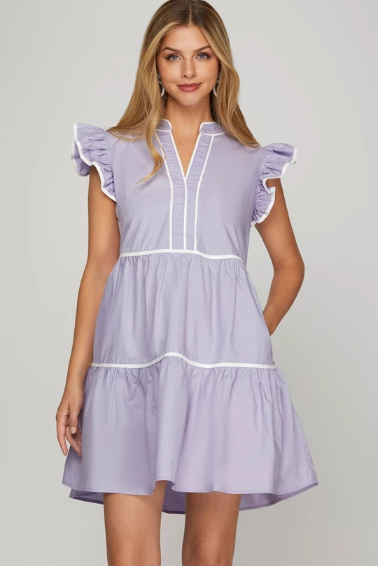 LILY- Lilac RUFFLE SLEEVE TIERED WOVEN DRESS WITH CONTRAST PIPING AND POCKETS