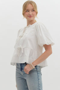 MYLIE- Off white Solid puff sleeve peplum  self bow tie  top