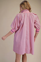 Load image into Gallery viewer, Pink Mock Neck Puff Sleeve striped Mini Dress
