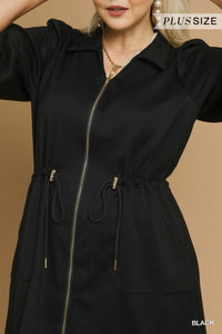 Plus TONYA- Black Luxeknit Zip-Up Mini Dress with Drawstring Waist
