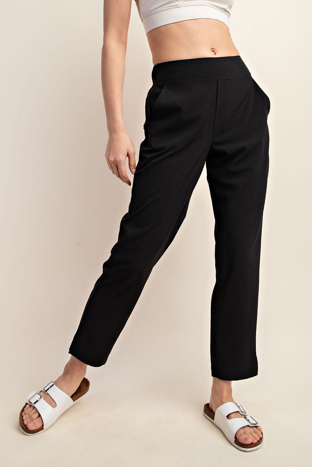 PLUS TWYLA- Black designer inspired crinkle woven ankle pants