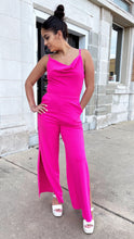 Load image into Gallery viewer, ADELINE- Cowl neck hot pink wide leg jumpsuit with side slit details
