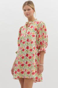 GLORY- Floral print elasticated ¾ sleeve pullover mini swing dress