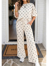 Load image into Gallery viewer, Oatmeal polka dot crewneck two piece wide leg pants set

