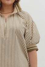 Load image into Gallery viewer, Plus Belle- Olive Stripe pattern half-zip closure short puff sleeve top
