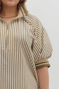 Plus Belle- Olive Stripe pattern half-zip closure short puff sleeve top