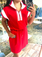 Load image into Gallery viewer, She &amp; Sky Red Drawstring Waist casual half zip dress
