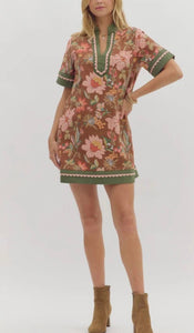 Fall Day- Autumn tones Floral Print contrast hem mini dress