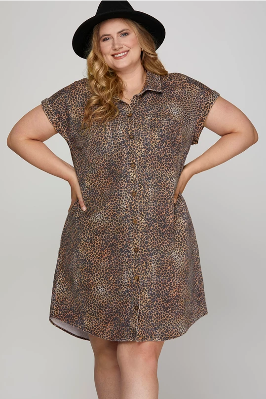 Plus JANET- Vintage Wash Leopard  button up collared shirt dress