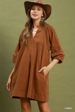 Load image into Gallery viewer, UMGEE v neck camel shift dress with pockets
